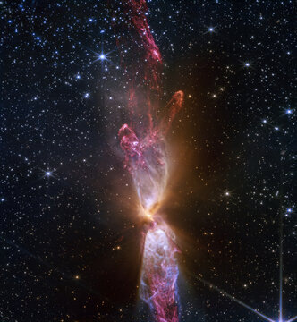 Lynds 483. This image is a composite of separate exposures acquired by NASA&rsquo;s  James Webb Space Telescope using the NIRCam instrument. Young protostar and its outflows. Constellation Serpens
