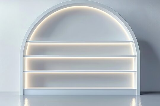 3D render of a white shelf with LED lighting, a minimalistic interior design concept. An arched