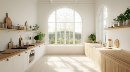 Fototapeta premium A sleek, bright kitchen with polished wooden counters and soft white walls