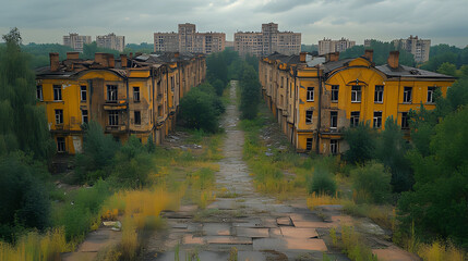 Overgrown path between ruined buildings, city background, post-apocalyptic scene