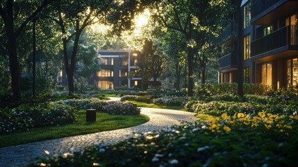 Sunrise Path Through Park-Like Residential Area