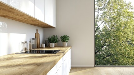 Fototapeta premium A sleek, bright kitchen with polished wooden counters and soft white walls