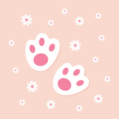 bunny foot print, cute pink and white rabbit paws with flowers, decorative elements for Easter celebration, greeting or invitation card, vector illustration