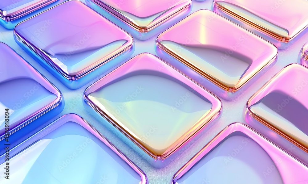 Poster 3d rendering of glossy rectangular shapes with rounded corners, colored in pastel rainbow
