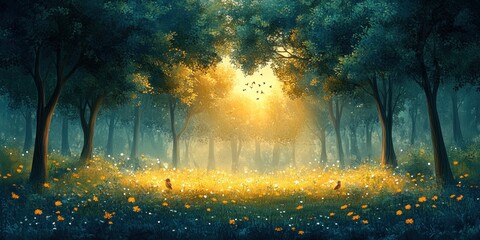 Hand-drawn Illustration Whimsical Forest Nature Animals Birds Trees