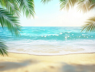 A beautiful beach scene with palm trees and a blue ocean