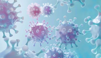 3D rendering of the coronavirus surrounded by other cells. Light blue background.