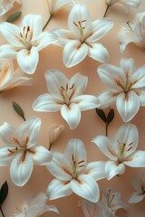 White Lilies and Green Leaves on Beige Background Minimalist Design Springtime Concept