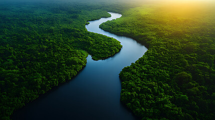 Aerial view Rainforest river meandering through lush jungle at sunset; conservation