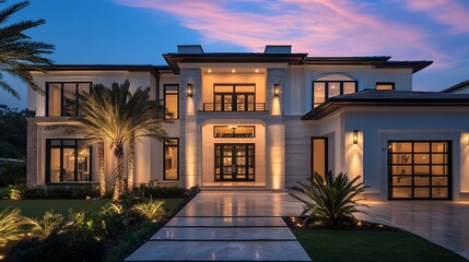 Luxury Home Exterior at Twilight: Modern Architecture and Landscaping