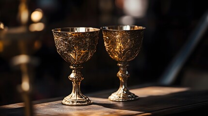 Elegant Close-up of Ornate Golden Goblets for Luxurious Settings and Events