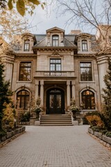 Fototapeta premium Elegant mansion with intricate architecture surrounded by autumn foliage in a serene neighborhood captured during golden hour