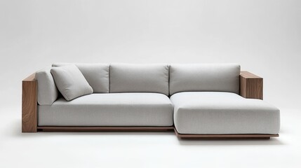 A tranquil corner featuring a soft gray L-shaped sofa, a wooden frame, and a cozy ambiance