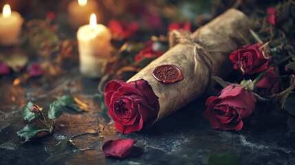 Vintage Scroll with Wax Seal Surrounded by Red Roses and Soft Candle Light Creating a Romantic and Enigmatic Atmosphere for Special Occasions and Celebrations