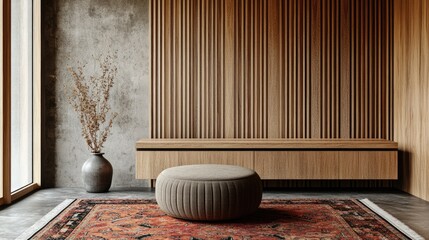 A well-balanced interior with a round ottoman, wooden furniture, and a stylish rug