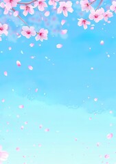 A blue sky background with cherry blossoms at the top and bottom of the frame, vector illustration,