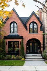 Charming brick house with modern design featuring arched windows, lush landscaping, and elegant entrance on a peaceful residential street in autumn