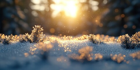 Sunlit snow covers a ground of small pine trees in a winter forest. Golden hour light creates a magical atmosphere