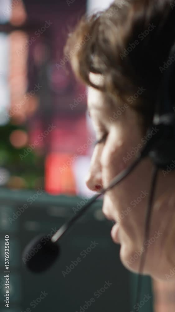 Poster vertical video call center agent uses ai chatbot on laptop to provide quick and accurate replies to 