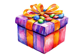 Fototapeta premium Watercolor gift box with ribbon and candies isolated on transparent background