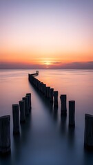 Obraz premium Wooden posts in calm water at sunset