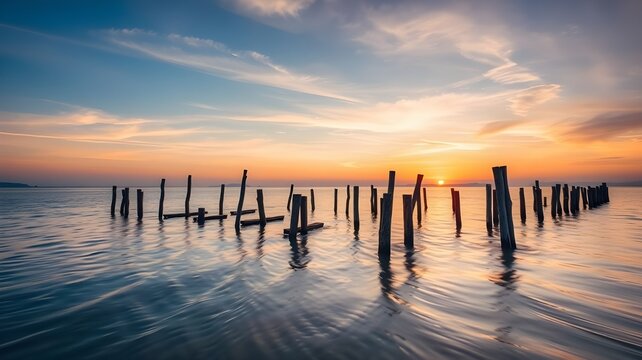 Wooden posts in calm water at sunset - Powered by Adobe