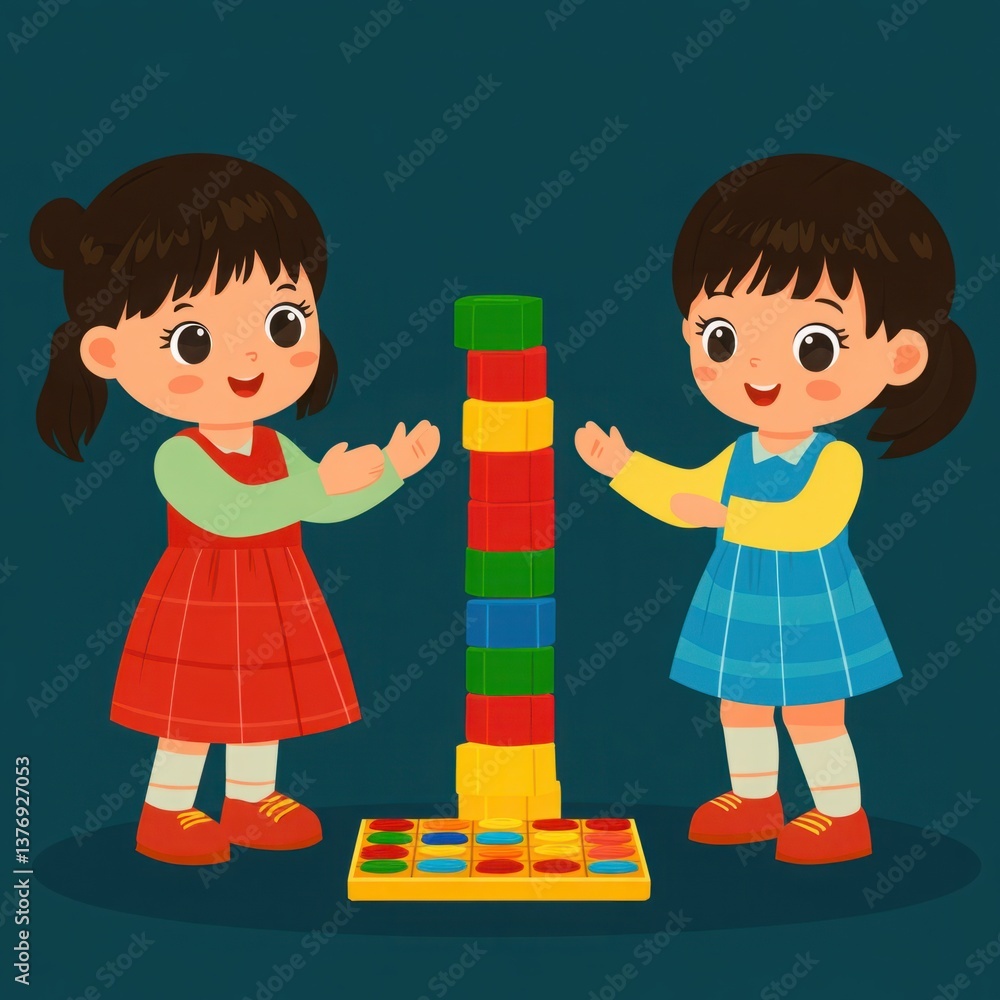Poster playful children engaged in colorful block stacking activity on a dark background in a fun and cheer