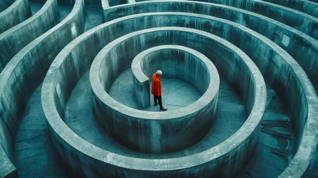 Man is in center of round labyrinth alone, person solution is deadlocked in surreal maze. Concept of problem, lost, uncertainty, impasse and dead end.