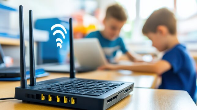 Wireless Router Surrounded by Children Using Laptops in a Bright Classroom Setting, Symbolizing Technology and Education in Modern Learning Environments