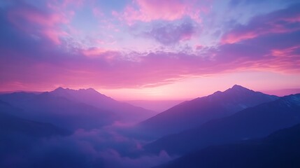 紫色の空と雲海にかすむ幻想的な山々