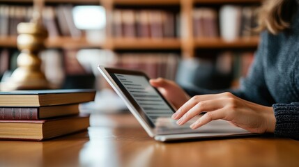 Woman Using a Tablet in a Library Setting Surrounded by Books, Focused on Digital Content While Engaging in Productive Study or Research Activities