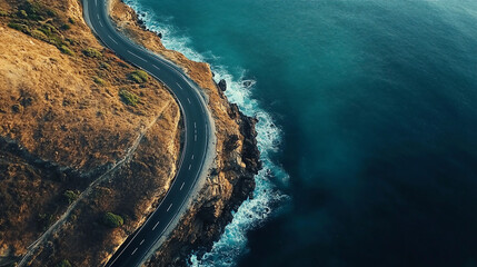 Fototapeta premium A road with a cliff on the side and the ocean in the background