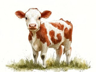 A simple drawing of a cute cow in soft pastel colors on a white background with minimalist lines and shapes