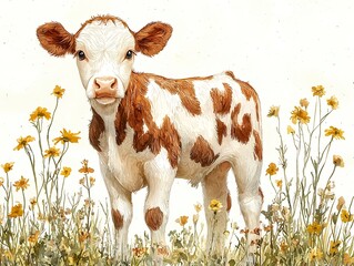 A simple drawing of a cute cow in soft pastel colors on a white background with minimalist lines and shapes