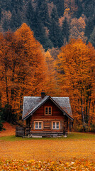 A small house with a chimney sits in a field of autumn leaves