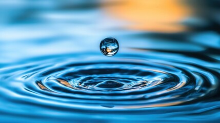Water drop impact, ripples on surface, vibrant colors, sunset background