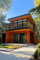 Fototapeta premium A contemporary house featuring a harmonious blend of wood and glass showcases a sleek, elegant design, nestled among trees in a tranquil neighborhood bathed in daylight