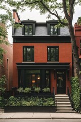 A contemporary brick house featuring striking black accents is nestled amidst vibrant greenery in a bustling urban neighborhood, bathed in daylight