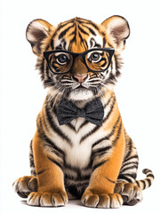 Obraz premium Adorable Tiger Cub Portrait: Whimsical Glasses & Bowtie - Cute Animal Wildlife Photography