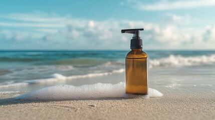 Obraz premium 海辺に置かれた琥珀色のボトル