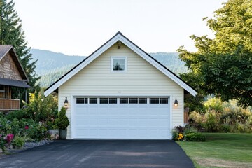 Obraz premium Modern suburban garage surrounded by lush greenery and colorful flowers, set against a backdrop of mountains in bright daylight