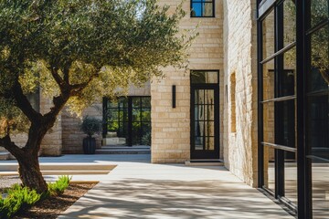 Fototapeta premium Modern architectural design featuring natural stone and large glass windows in a serene courtyard with olive trees during daytime