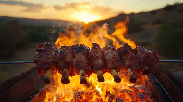 Pakistani Sajji Spit Roasted Lamb cooking over open fire dramatic silhouette lighting highlighting the juicy slow roasting meat against a desert sunset
