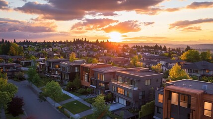 Obraz premium Serene Suburban Living: Modern Homes Bathed in the Warm Glow of Sunset