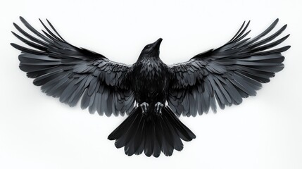 Fototapeta premium Black Metallic Bird in Flight with Wing Span on White Background