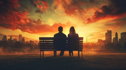 Obraz premium Romantic Sunset Silhouettes Couple Sharing a Bench in Urban Park at Dusk
