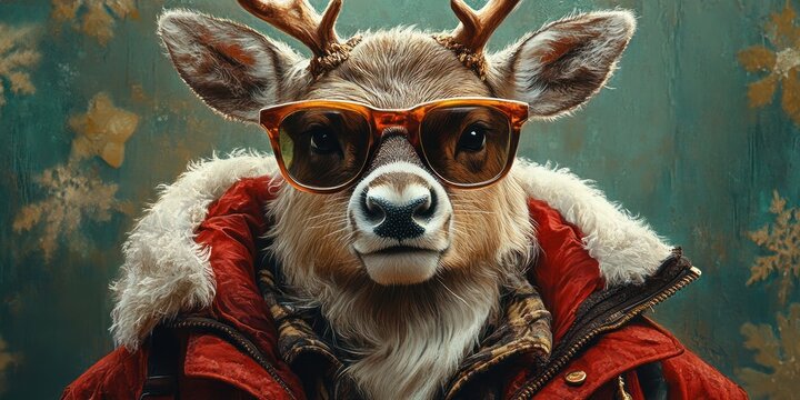 Cool Reindeer Santa Claus with Sunglasses on Green Background Christmas Greeting Card