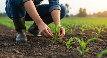 Female Farmer Carefully Planting a Young Corn Seedling in Rich Soil, Agricultural Growth and Sustainability Concept