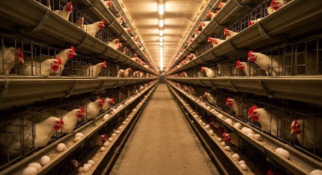 Rows of caged hens in a modern industrial egg farm, laying eggs