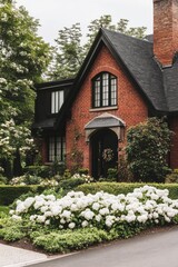 Nestled within a tranquil residential street, this enchanting brick house is embraced by vibrant greenery and flourishing hydrangeas